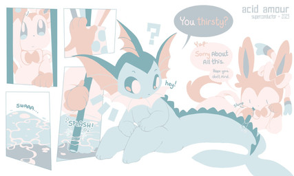 ambiguous_gender dialogue dorsal_ridge drinking drinking_straw duo ear_frill emanata feral forked_tail frill_(anatomy) fur liquid_body lying neck_frill on_front on_ground onomatopoeia pink_tail question_mark ribbons_(anatomy) simple_background sitting sound_effects splash surprised tail text unusual_anatomy unusual_tail white_background white_body white_fur conduitcore nintendo pokemon eeveelution generation_1_pokemon generation_6_pokemon pokemon_(species) sylveon vaporeon 2023 5:3 comic english_text hi_res signature