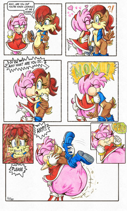 anthro belly big_belly blue_eyes brown_body brown_fur clothing duo female female_pred female_prey fur green_eyes hair kissing oral_vore overweight pink_body red_hair same_size_vore speech_bubble text underwear vore killboo sega sonic_the_hedgehog_(series) amy_rose sally_acorn eulipotyphlan hedgehog mammal rodent sciurid 2025 comic hi_res