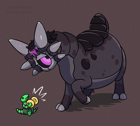 1_eye 6_horns ambiguous_gender big_eyes black_hair black_sclera black_scutes brown_background cast_shadow cloven_hooves countershade_torso countershading cymbals dewclaw_hooves emanata feral flash_emanata front_view hair hooves horn leg_markings lidded_eyes looking_away markings mottled mottled_body mouthless multi_horn multicolored_hair musical_instrument overweight overweight_ambiguous overweight_feral percussion_instrument pink_eyes pink_hair purple_body purple_countershading purple_horn purple_markings quadruped raised_foreleg scuted_tail scutes segmented_neck short_tail simple_background socks_(marking) solo spots spotted_markings standing tail text thick_neck thick_tail three-quarter_view toony toy toy_dinosaur two_tone_hair unguligrade haretrinity minmu_(emx) lurkerbeast omnitope 2025 artist_name cel_shading colored dated hi_res shaded nonbinary_(lore)