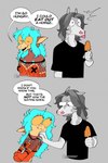 anthro big_eyes blue_hair clasped_hands clothing dessert dialogue duo ear_piercing female fishnet_clothing food fur gauged_ear grey_background grey_body grey_fur grey_mane hair hand_on_shoulder holding_object ice_cream lewd_symbolism long_hair looking_at_another male male/female mane multicolored_body nervous piercing pink_nose shirt simple_background size_difference speech_bubble suggestive surprise t-shirt tongue tongue_out topwear irradiatedtittymilk equid equine fish horse mammal marine shark hi_res