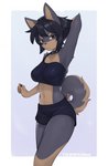 anthro black_hair breasts clothed clothing collar female fur hair hand_behind_head multicolored_body multicolored_fur navel simple_background solo spiked_collar spikes two_tone_body two_tone_fur yoako gum_dung_(titania) canid canine canis domestic_dog korean_jindo mammal spitz hi_res