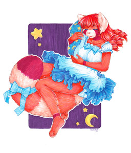 abstract_background accessory alternative_fashion anthro bedding blanket blue_ribbon bow_(feature) bow_accessory bow_dress bow_in_front bow_ribbon clean_diaper clothed clothing clothing_bow curly_hair diaper diaper_under_clothing dress exposed_diaper female fluffy fluffy_tail frilly frilly_clothing frilly_dress furgonomics hair j-fashion lolita_(fashion) ribbons sleeping solo sweet_lolita tail tail_accessory tail_bow tail_ribbon wearing_diaper malachyte spixy ailurid mammal red_panda full-length_portrait hi_res portrait traditional_media_(artwork)