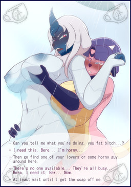 angry anthro big_breasts blue_border border breast_grab breasts dialogue duo female female/female hand_on_breast huge_breasts nude nude_anthro nude_female profanity shower small_waist text pok-zone nintendo pokemon fan_character absol generation_2_pokemon generation_3_pokemon miltank pokemon_(species) english_text hi_res