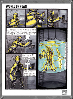 antennae_(anatomy) anthro dialogue elevator glowing glowing_eyes machine onomatopoeia solo sound_effects speech_bubble text yellow_eyes impishhyena world_of_ruan roxy_(world_of_ruan) robot 2019 animated animated_comic comic english_text hi_res signature