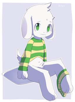 3_toes 4_fingers anthro balls biped briefs clothed clothing clothing_lift feet fingers foreskin fur genitals green_clothing green_eyes green_sweater green_topwear half-erect humanoid_genitalia humanoid_penis looking_at_viewer male navel pattern_clothing pattern_sweater pattern_topwear penis shirt shirt_lift simple_background sitting solo striped_clothing striped_sweater striped_topwear stripes sweater toes topwear underwear young young_anthro quilaru11 undertale undertale_(series) asriel_dreemurr boss_monster_(undertale) bovid caprine goat mammal hi_res