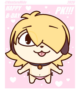 anthro bell bell_collar blep blonde_hair border chibi clothed clothing collar eye_through_hair featureless_chest floppy_ears fur hair hair_over_eye male navel panties pink_background pink_clothing pink_panties pink_tongue pink_underwear simple_background solo tan_body tan_fur text tongue tongue_out topless topless_male translucent translucent_hair underwear wearing_collar white_border kentaro_mide niko_(pkfirefawx) canid canine canis domestic_dog mammal 2026 digital_drawing_(artwork) digital_media_(artwork) english_description english_text