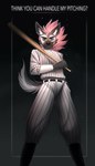 anthro baseball_bat baseball_uniform bat_(object) clothed clothing dialogue grey_body hair holding_object looking_at_viewer male pink_hair pose simple_background smile solo sportswear talking_to_viewer text uniform vaalerie ambrose_stark hyena mammal spotted_hyena digital_media_(artwork) english_text hi_res pinup