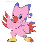 ambiguous_gender beak blue_eyes blue_markings blue_sclera claws feather_tuft feathers markings pink_body pink_feathers red_claws ring ring_on_leg simple_background solo toe_claws tuft white_background rimedown bandai_namco digimon avian biyomon digimon_(species)