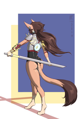 anthro armor bodysuit broadsword butt clothing led_light male melee_weapon skinsuit solo sword tight_clothing weapon ktk's_sky felid mammal absurd_res hi_res