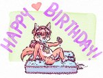 anthro balls birthday birthday_cake birthday_gift cake cake_sitting dessert erection food food_fetish food_play foreskin genitals hair humanoid_genitalia humanoid_penis looking_at_viewer male messy nude penis simple_background slightly_chubby smile solo text young young_anthro lavilovi canid canine fox mammal 4:3 digital_media_(artwork) english_text