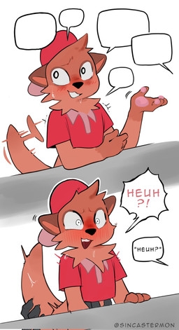 ambiguous_gender anthro backwards_hat biped blush bodily_fluids brown_body clothing dialogue duo grope hat headgear headwear offscreen_character open_mouth pawpads simple_background speech_bubble sweat tail tail_motion tailwag white_background sincastermon vtuber chester_the_otter mammal mustelid otter hi_res
