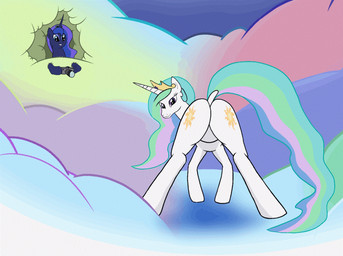 big_butt blue_body blue_eyes blue_hair butt camera cloud crown cutie_mark dock_(anatomy) duo female feral green_hair hair headgear hooves horn long_hair looking_at_viewer looking_back multicolored_hair outside pink_hair purple_eyes royalty shaking_butt smile tail tiara twerking white_body fortresshy_(artist) third-party_edit friendship_is_magic hasbro my_little_pony mythology princess_celestia_(mlp) princess_luna_(mlp) equid equine mammal mythological_creature mythological_equine unicorn 2d_animation animated frame_by_frame sibling_(lore) sister_(lore)