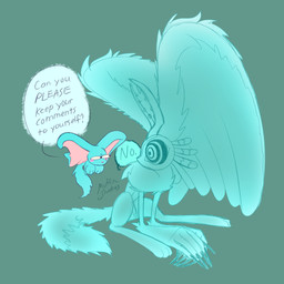 ambiguous_gender anthro antlers big_ears biped bipedal_feral black_sclera blue_eyes blush blush_stickers bristled_fur bristled_tail chest_tuft dialogue digitigrade duo eye_contact feral fingernails fluffy fluffy_tail fur grey_background head_wings horn huge_wings looking_at_another mouthless nails narrowed_eyes neck_tuft notched_ear pupils question_mark semi-anthro simple_background sitting size_difference speech_bubble tail talking_to_another teal_body teal_fur text translucent translucent_body tuft unusual_wing_placement wide_eyed wings muffin-snakes kirby_(series) kirby_and_the_forgotten_land nintendo elfilin fecto_elfilis alien chinchilla chinchillid mammal rodent spirit starling_(kirby) 1:1 2026 digital_drawing_(artwork) digital_media_(artwork) english_description english_text hi_res signature male_(lore)