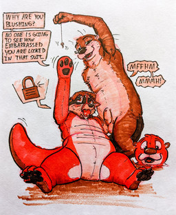 animal_genitalia anthro ball_gag bondage_gear bondage_gloves bound clothing costume duo encasement female fur fursuit gag genitals handwear lock male male/male mittens penis plushification plushsuit reaching sheath simple_background teasing text trapped_in_fursuit sushiotter_(artist) tako_(character) mammal mustelid otter procyonid raccoon 2021 english_text hi_res traditional_media_(artwork)
