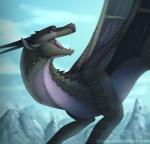 cloud grey_body grey_scales membrane_(anatomy) membranous_wings mountain open_mouth purple_eyes scales sky smile snow solo teeth text tongue wings zagiir mythology wings_of_fire dragon mythological_creature mythological_scalie nightwing_(wof) scalie digital_media_(artwork) english_text signature watermark