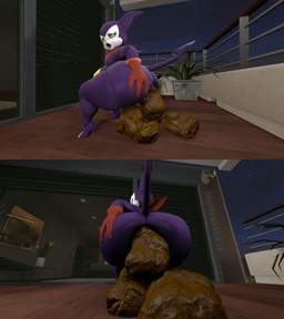 anthro apartment belly big_belly big_butt butt clothing crouching crowning_feces feces gloves hand_on_butt handwear looking_up male nude open_mouth pooping pooping_on_floor relieved scarf solo thick_thighs wide_hips kanebrentkoopa tecbuttlovefa bandai_namco digimon digimon_(species) imp impmon 3d_(artwork) digital_media_(artwork) hi_res source_filmmaker_(artwork)