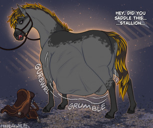 abdominal_bulge after_vore ambiguous_gender belly big_belly black_hair blonde_hair feral feral_pred fur grey_body grey_fur hair huge_belly licking licking_lips mane multicolored_hair rumbling_stomach same_size_vore solo tongue tongue_out two_tone_hair vore paradoxinhead equid equine horse mammal hi_res