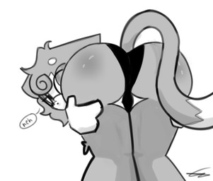 anthro disembodied_hand eyewear female glasses hair hand_on_butt looking_at_viewer looking_back looking_back_at_viewer simple_background solo speech_bubble tail wearing_glasses white_background namelessseal katty_namelessseal felid humanoid mammal monochrome tagme watermark