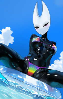 anthro bikini blush blush_lines breasts clothing cloud dripping empty_eyes female floating glistening glistening_body glistening_clothing hands_behind_back looking_at_viewer non-mammal_breasts outside pool_float sky solo spread_legs spreading swimwear two-piece_swimsuit water wet macmillian_aeg hollow_knight_(franchise) team_cherry hornet_(hollow_knight) arachnid arthropod spider absurd_res hi_res