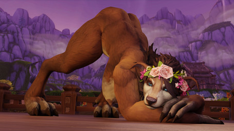 accessory anthro ass_up big_breasts breasts brown_body brown_fur building butt cloud digitigrade female fence floor flower flower_in_hair fur hair hair_accessory house jack-o'_pose looking_at_viewer mountain nude outdoor_nudity outside plant pose presenting screencap screencap_background sky slightly_chubby solo thick_thighs chancethecheetah blizzard_entertainment warcraft elinnette_duskstone canid canine mammal werecanid werecreature worgen 16:9 3d_(artwork) 4k absurd_res digital_media_(artwork) hi_res widescreen