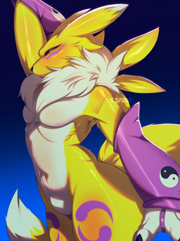 anthro armwear blue_background blush body_blush breasts chest_tuft clothing deltoids elbow_gloves featureless_breasts featureless_crotch female fur glistening glistening_body gloves gradient_background hand_behind_head handwear multicolored_body narrowed_eyes navel pose raised_arm simple_background slim small_breasts small_waist solo tail thick_thighs tuft two_tone_body white_body white_fur yellow_body yellow_fur hagalazd bandai_namco digimon canid digimon_(species) mammal renamon 2025 digital_drawing_(artwork) digital_media_(artwork) hi_res signature