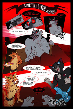 after_sex aftercare animal_dildo animal_genitalia animal_sex_toy anthro arm_support bacon balls bed bedding belt black_body black_fur blanket blue_eyes blue_strapon body_hair breasts canine_dildo canine_strapon cheek_tuft chest_hair chin_tuft claws confusion dialogue dildo dominant dominant_female dominant_male dot_eyes egg emanata eyes_closed facial_markings facial_tuft female first_person_view fist food fried_egg fully_sheathed fur furniture fuzzy genitals gesture grabbing_sheets green_eyes grey_body grey_fur group hand_gesture head_markings holding_food holding_object imminent_sex kidnapping knot knotted_dildo knotted_strapon larger_male larger_sub leaning leaning_on_elbow looking_at_another looking_at_partner looking_at_viewer male male/female male/male markings mask mask_(marking) meat mostly_nude nervous nipples nude on_bed open_mouth open_smile orange_body orange_fur pawpads pillow plate pointing pov_hands pupils red_eyes serious serious_face sex_toy sheath simple_eyes size_difference small_breasts smaller_male smile speech_bubble standing strapon submissive surprised tail teeth text the_end thought_bubble thoughts time_skip trio tuft waking_up whisker_spots white_pupils wide_eyed ksejl dreamworks puss_in_boots_(franchise) death_(puss_in_boots) kitty_softpaws puss_in_boots_(dreamworks) canid canine canis domestic_cat felid feline felis mammal tabby_cat tuxedo_cat wolf 2:3 comic english_text hi_res