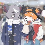 anthro backwards_baseball_cap backwards_hat baseball_cap blush clothing duo hat headgear headwear male male/male scarf snow snowing latotabo gelato_(latotabo) tiger_boy_(latotabo) felid mammal murid murine pantherine rat rodent tiger 1:1 absurd_res hi_res