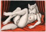 anthro anus breasts curtains feet female fur genitals inside lying nipples nude on_back plantigrade pussy solo white_body white_fur yellow_eyes syntech canid canine canis mammal wolf 2022 hi_res traditional_media_(artwork)