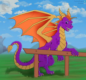 3_toes 4_fingers back_wings bone_frill claws feet fence feral finger_claws fingers frill_(anatomy) grass horn male on_hind_legs plant plated_scales purple_body purple_eyes smile smiling_at_viewer solo tail toe_claws toes wings feerone activision european_mythology mythology spyro_reignited_trilogy spyro_the_dragon spyro dragon mythological_creature mythological_scalie scalie western_dragon absurd_res hi_res