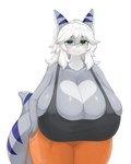 anthro big_breasts bottomwear breasts cleavage clothed clothing female huge_breasts pants simple_background solo white_background inake fish marine shark 4:5 absurd_res hi_res