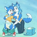 anthro bodily_fluids bottomwear bottomwear_down clothed clothing diaper diaper_bag diaper_check duo female genital_fluids groping_diaper male pants pants_down partially_clothed unclean_diaper urine used_diaper wet_diaper young ozzybear canid canine canis mammal wolf 1:1 hi_res