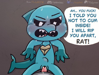 abdominal_bulge angry annoyed anthro blue_body blue_skin bodily_fluids bulge charm_(jewelry) cum cum_in_vagina cum_inside cum_on_penis cum_string duo ejaculation female fin fur genital_fluids genitals grey_body grey_fur jewelry male male/female necklace on_ground penetration penis profanity shark_fin shark_tail speech_bubble sweat sweatdrop tail tears tears_of_pleasure teeth teeth_showing text vaginal vaginal_penetration vulva tinky mob_entertainment nightmare_critters poppy_playtime maggie_mako_(poppy_playtime) touille_(poppy_playtime) fish hybrid mammal marine murid murine rat rodent shark 4:3 english_text url