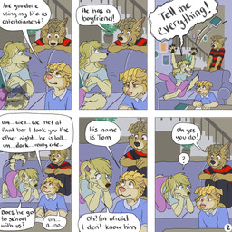 5_fingers annoyed anthro barefoot blonde_hair bottomwear brown_eyes cheek_tuft clothed clothing crop_top curly_hair dialogue excited eye_contact facial_tuft feet fingerpads fingers fur furniture group hair inside living_room logo looking_at_another male name_in_dialogue on_sofa page_number pants pattern_clothing pattern_shirt pattern_topwear pawpads scared shirt sitting sitting_on_sofa six_frame_image smile smiling_at_another sofa speech_bubble striped_clothing striped_shirt striped_topwear stripes tail tail_motion tailwag text topwear trio tuft wide_eyed yellow_body yellow_fur kriek_wildebeest boris_(kriek_wildebeest) jeremy_(kriek_wildebeest) sue_(kriek_wildebeest) border_collie canid canine canis collie domestic_dog herding_dog hunting_dog mammal pastoral_dog saluki sheepdog sighthound 1:1 artist_logo comic english_text hi_res multiple_scenes brother_(lore) brothers_(lore) sibling_(lore)