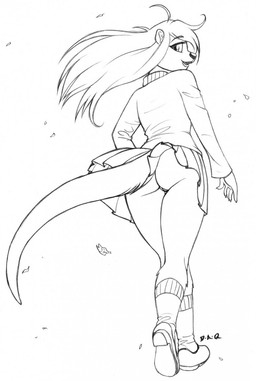 anthro barely_visible_genitalia barely_visible_vulva biped bottomwear butt clothed clothing female footwear genitals hair legwear long_hair looking_at_viewer looking_back low-angle_view no_underwear open_mouth open_smile rear_view shoes skirt smile socks solo sweater topwear upskirt vulva wind david_a_cantero mammal mustelid otter 2018 hi_res monochrome