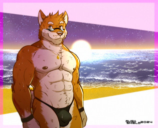 afternoon anthro black_eyewear black_glasses bulge clothed clothing detailed_bulge eyewear glasses male nipples pecs sea solo speedo speedo_only sunset swimwear topless twilight water wet duskshield kydronaegis buster canid canine canis domestic_dog mammal shiba_inu spitz 2024