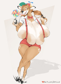 anthro areola areola_slip big_breasts blotchy_areola bow_tie breasts brown_body brown_fur brown_hair brown_spots buckteeth candy clothed clothing dessert eyelashes female food freckled_breasts freckled_ears freckled_face freckles fur hair hat headgear headwear hooves huge_breasts hyper hyper_breasts licking_lollipop lollipop long_eyelashes markings motion_lines open_clothing open_shirt open_topwear overalls pigtails propeller_hat shirt solo spots spotted_body spotted_fur spotted_legs spotted_markings spotted_thighs suspenders_on_nipples tan_areola tan_body tan_fur tan_spots teeth text topwear wide_eyed dullvivid fiona_fawnbags_(dullvivid) deer mammal new_world_deer white-tailed_deer hi_res url