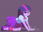 all_fours alternate_species bottomwear clothing eating female grass hair human_only humanized multicolored_hair not_furry plant purple_body purple_eyes purple_skin shirt simple_background skirt solo topwear karzahnii equestria_girls hasbro my_little_pony twilight_sparkle_(eg) human mammal 2013 4:3 grandfathered_content