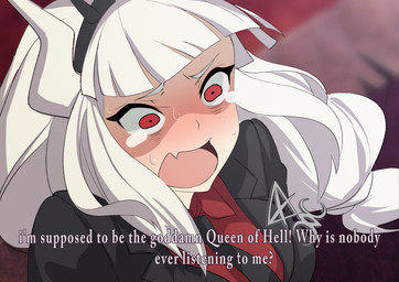 bodily_fluids clothed clothing female hair horn lip_fang long_hair not_furry occult_symbol open_mouth profanity red_eyes sigil sigil_of_lucifer solo symbol tantrum tears text tongue white_hair white_horn cluseller helltaker konosuba:_god's_blessing_on_this_wonderful_world! lucifer_(helltaker) horned_humanoid humanoid english_text