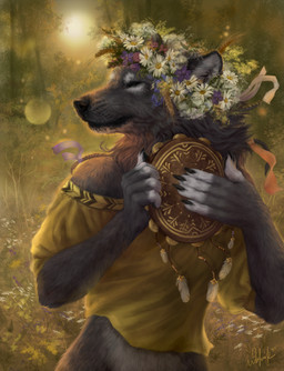5_fingers ambiguous_gender anthro backlighting black_lips black_nose claws clothed clothing daisy_(flower) day detailed_background eyes_closed feathers fingerless_(marking) fingers floral flower flower_crown flower_garland fur garland grey_body grey_fur head_wreath holding_musical_instrument holding_object light lips musical_instrument outside percussion_instrument plant playing_music shirt solo standing sun tambourine topwear whiskers white_body white_feathers white_fur wolnir canid canine canis mammal wolf hi_res lighting