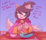anonymous_artist anthro asian_clothing blush canid canine clothed clothing dialogue east_asian_clothing female fox gesture japanese_clothing kanako_ketsukane kimono mammal sex_gesture solo suggestive suggestive_gesture tail tail_motion tailwag undertale_(series) undertale_yellow