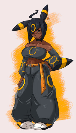 ahoge animal_ears animal_tail armwear belt big_breasts black-hair black_body black_eyes black_fur bottomwear breasts choker clothing dark_body dark_skin detached_sleeves ear_piercing ear_tag facial_piercing female fur grey_armwear grey_background grey_bottomwear grey_clothing grey_pants grey_topwear hair hair_over_eye hand_on_hip jewelry lip_piercing looking_at_viewer markings necklace one_ear_up oversized_bottomwear oversized_clothing oversized_pants pants piercing short_hair simple_background solo topwear yellow_markings null_abyss nintendo pokemon avel eeveelution generation_2_pokemon humanoid pokemon_(species) pokemon_humanoid umbreon 4:7 absurd_res hi_res