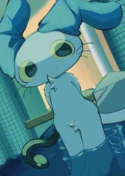 anthro axe blue_ears chibi dutch_angle holding_axe holding_object kemono living_tail looking_at_viewer male snake_tail solo tail unusual_anatomy unusual_tail water yellow_sclera young young_anthro aiue1o4 neko_no_teach-kun oyasaioni9 sam_(neko_no_teach-kun) lagomorph leporid mammal rabbit reptile scalie snake blue_theme hi_res