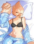 anthro beak bedding bedroom blanket bra breasts clothed clothing feathered_arms feathers female lying no_underwear non-mammal_breasts on_back pajamas pillow sleeping solo tan_body tan_feathers underwear budoti morale avian bird owl absurd_res hi_res