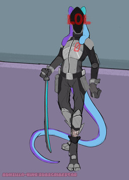 anthro armor belt blue_body breastplate clothing cosplay costume gloves handwear holding_katana holding_melee_weapon holding_object holding_sword holding_weapon hologram katana knee_pads long_tail machine male melee_weapon multicolored_body ninja pockets pouches purple_body screen screen_face solo standing sword tail tentacle_ear two_tone_body warrior weapon bunzillaking void_(thevoidfish) zer0_(borderlands) android atlantean robot absurd_res digital_media_(artwork) full-length_portrait hi_res portrait watermark