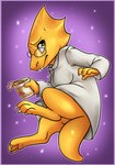 anthro blush bodily_fluids breasts brown_eyes buckteeth clothed clothing coat eyewear featureless_crotch female food glasses instant_noodles lab_coat no_underwear non-mammal_breasts noodles purple_background simple_background solo sweat tail teeth thick_tail topwear pon3splash cup_noodles undertale undertale_(series) alphys dinosaur lizard prehistoric_species reptile scalie 2015 alternate_version_at_source hi_res