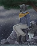 alexander_timberland anthro blue_clothing blue_eyes blue_topwear bottomwear canid clothed clothing fur glistening glistening_eyes grey_bottomwear grey_clothing grey_hair grey_pants hair hi_res male mammal mouth_closed narrowed_eyes outside pants plant raining rock short_hair sitting solo tiggybloom topwear tree wet wet_body wet_fur