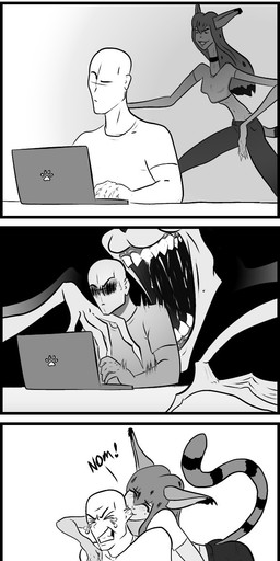 anthro bite clothing ear_bite elongated elongated_head female humor male male/female shirt stretching t-shirt teeth topwear circuit19 anon domestic_cat felid feline felis human humanoid mammal comic hi_res monochrome