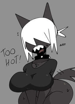 anthro big_breasts black_clothing black_shirt black_topwear bodily_fluids bottomless bottomless_anthro bottomless_female breasts clothed clothing collar collarbone drooling female female_anthro front_view fur grey_background grey_body grey_ears grey_fur grey_tail hair hair_over_eyes heat_(temperature) open_mouth saliva sharp_teeth shirt simple_background solo spiked_collar spikes sweat tail tail_motion tailwag teeth text thick_thighs topwear white_hair wide_hipped_anthro wide_hipped_female wide_hips xarop77 sheep_(xarop77) canid canine canis mammal wolf 2025 digital_drawing_(artwork) digital_media_(artwork) english_text hi_res portrait three-quarter_portrait