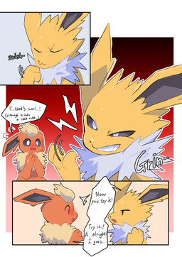 ambiguous_gender bared_teeth blush blush_lines clenched_teeth dialogue duo feral fur open_mouth paws red_body red_ears red_fur teeth text white_body white_fur yellow_body yellow_ears yellow_fur pikop nintendo pokemon eeveelution flareon generation_1_pokemon jolteon pokemon_(species) comic english_text hi_res male_(lore)