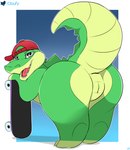 animal_genitalia anus baseball_cap butt clothing genital_slit genitals green_body hat headgear headwear looking_at_viewer male open_mouth presenting presenting_hindquarters presenting_slit rear_view sideways_baseball_cap simple_background skateboard solo vehicle cloufy skator_gator greenjamin_gator alligator alligatorid crocodilian reptile scalie 2023 artist_name digital_media_(artwork) hi_res